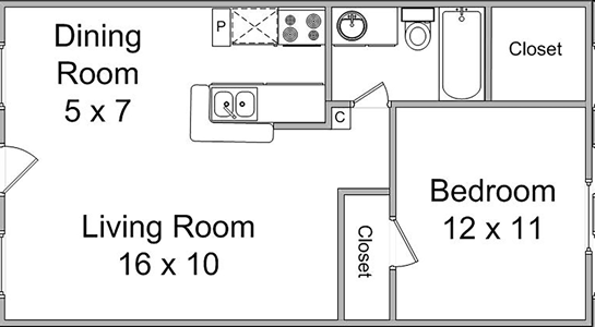 One Bedroom / One Bath - 536-540 Sq.Ft.*